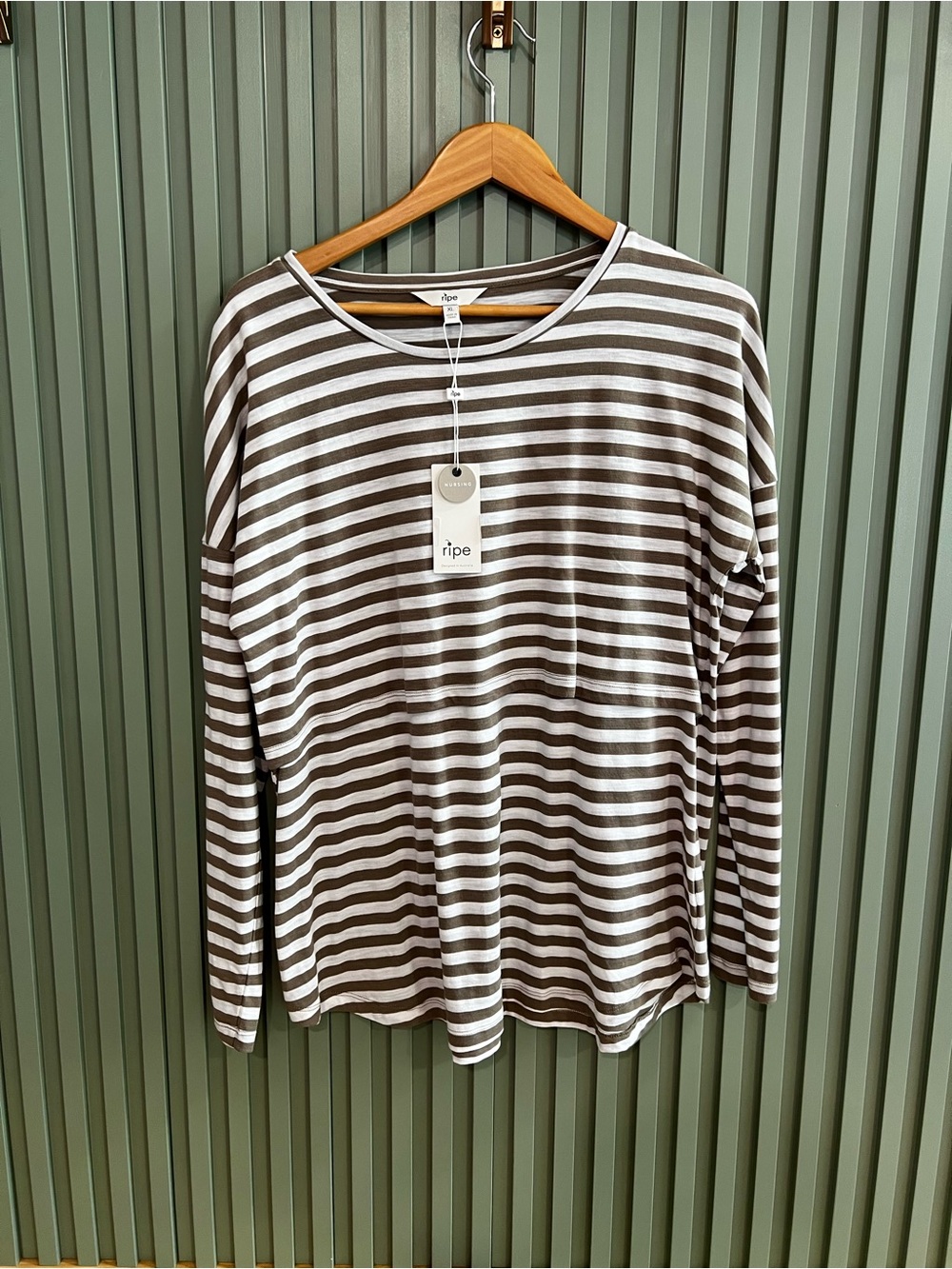 Ripe Maternity/ Nursing top Striped Long Sleeve Top in Brown and White